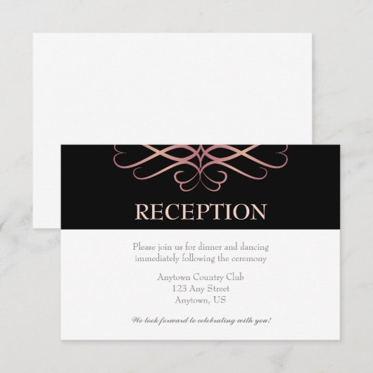 Roze Goud en Zwart, Elegante Bloemen Huwelijk Kaart (Voorkant / Achterkant)