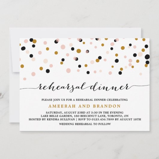 Roze, goud en zwarte confetti-stippen proefhuwelij kaart (Voorkant)