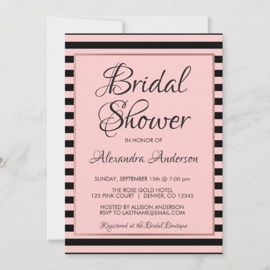 Roze Goud en Zwarte Streep Bruiloftsfeest Kaart (Voorkant)