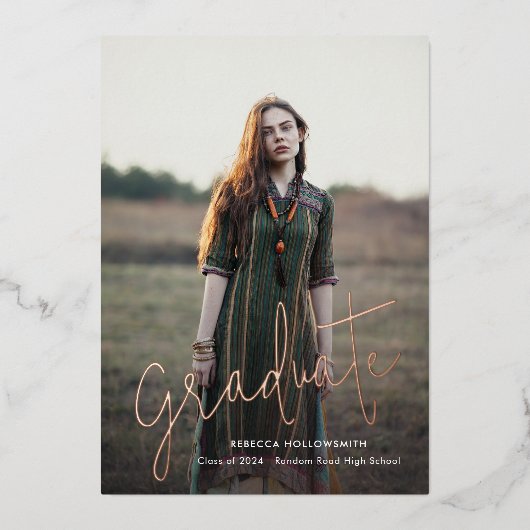 Roze Goud Folie Afstudeerfoto Afstudeeraankondigin Folie Uitnodiging (Voorkant)