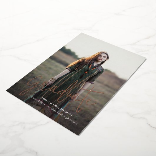 Roze Goud Folie Afstudeerfoto Afstudeeraankondigin Folie Uitnodiging (Gedraaid)