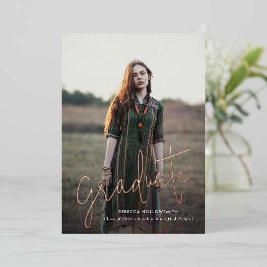 Roze Goud Folie Afstudeerfoto Afstudeeraankondigin Folie Uitnodiging (Staand Voorkant)