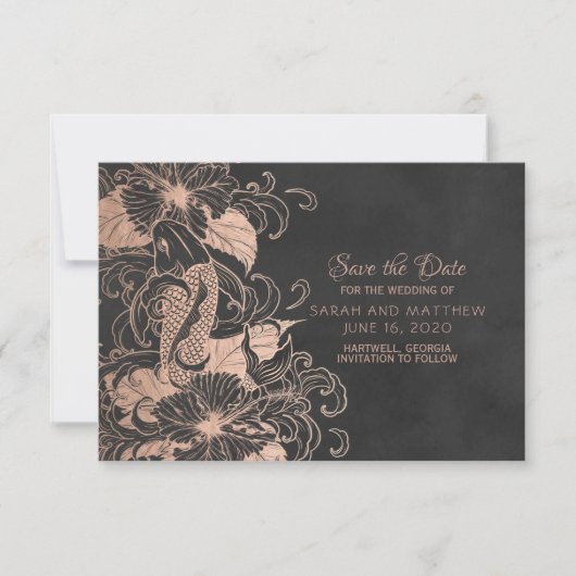 Roze Goud Folie Bloem Koi Trouw Save the Date (Voorkant)