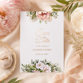 Roze Goud Folie Blush & Ivoor Pioen Save the Date Uitnodiging