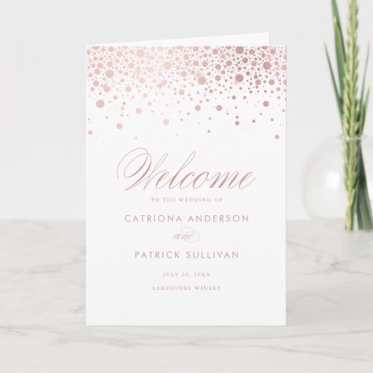 Roze Goud Folie Confetti Stippen Witte Trouw Bookl Programma (Voorkant)