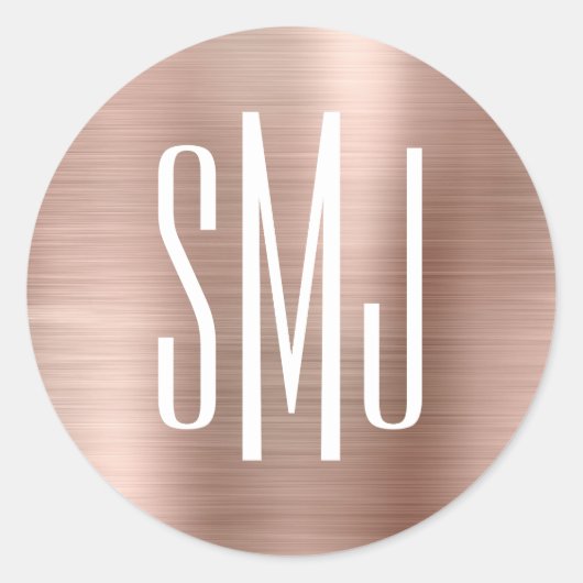 Roze Goud Folie Drieletter Monogram Ronde Sticker (Voorkant)