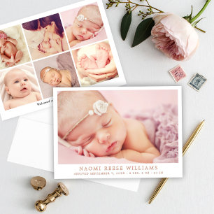 Roze Goud Folie Elegante Fotocollage Geboorteaanko Uitnodiging