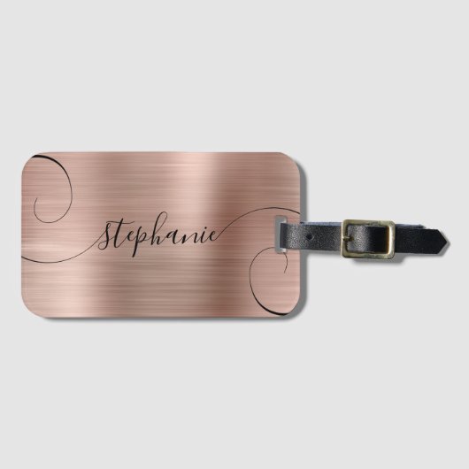 Roze Goud Folie Elegante Script Krullende Naam Bagagelabel (Voorkant (horizontaal))