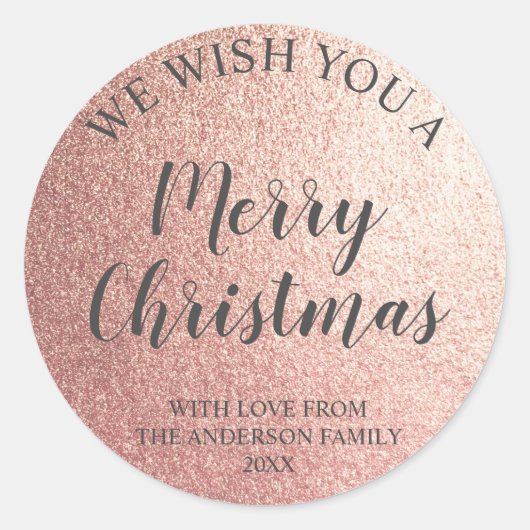 Roze Goud Folie en Grijs Schrift Prettig Kerstfees Ronde Sticker (Voorkant)