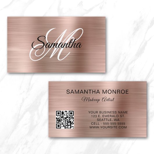 Roze Goud Folie Fancy Monogram QR Code Visitekaartje