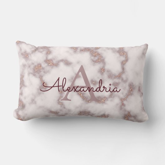Roze Goud Folie Glitter in Roze Marmer Monogram Kussen (Voorkant)