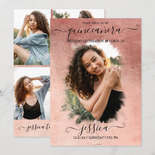 Roze Goud Folie Halo Fotocollage Quinceañera Kaart