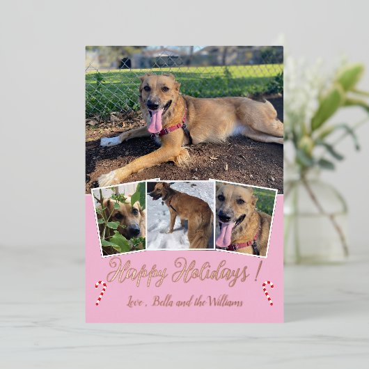 Roze Goud Folie Hond Foto Collage Roze Vakantiekaa Folie Feestdagenkaart (Staand Voorkant)