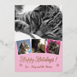 Roze Goud Folie Kat Foto Collage Roze Vakantiekaar Feestdagenkaart