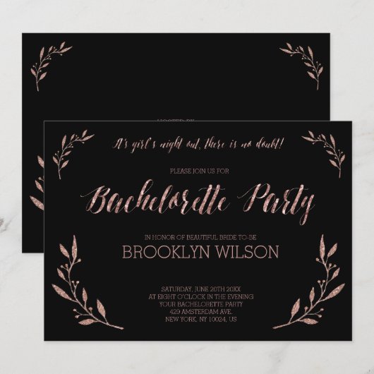 Roze Goud Folie Meisjes Avond Uitnodigingen Zwart (Voorkant / Achterkant)