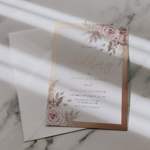 Roze Goud Folie Rand Blush Stof Rose Bruiloft Uitnodiging