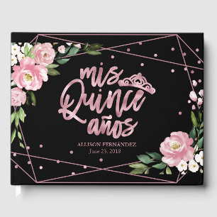 Roze Goud Folie Roze Zwarte Bloem Quinceanera Gastenboek