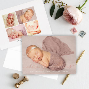 Roze Goud Folie Script Foto Collage Geboorteaankon Uitnodiging
