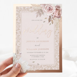 Roze Goud Folie Vintage Rand Blush Bloemige Trouw Uitnodiging
