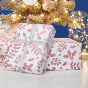 Roze Goud Folie & Witte Hulst Winter Kerstmis Cadeaupapier
