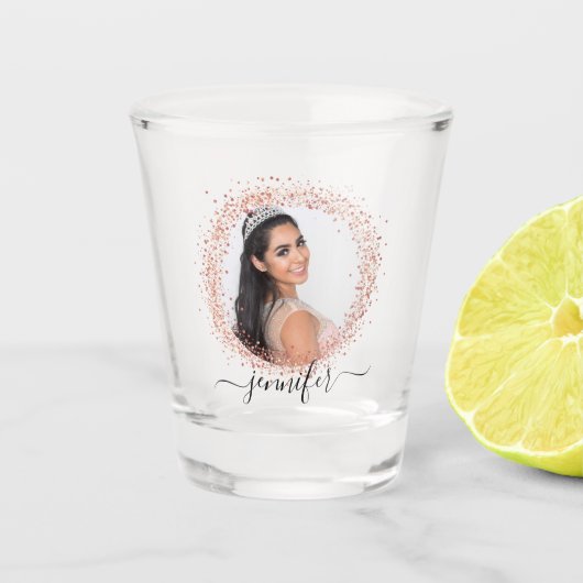 Roze goud foto glitters naam script shot glas (Voorkant)