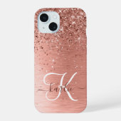 Roze Goud Geborsteld Metaal Glitter Monogram Naam iPhone 15 Case (Achterkant)