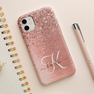 Roze Goud Geborsteld Metaal Glitter Monogram Naam iPhone 15 Case