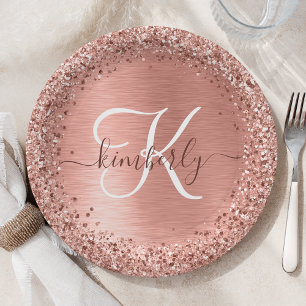 Roze Goud Geborsteld Metaal Glitter Monogram Naam Papieren Bordje