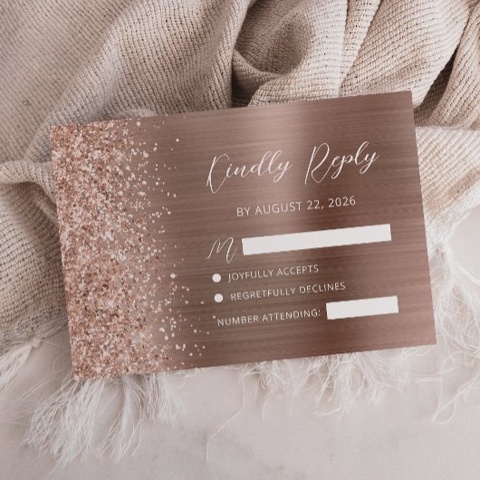 Roze Goud Geborsteld Metaal Glitter Script Bruilof RSVP Kaartje