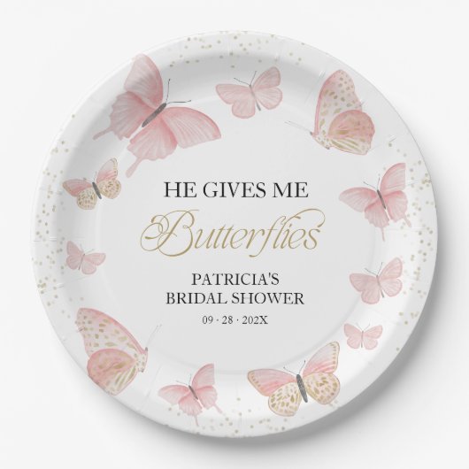 Roze goud geeft hij me vlinders papieren bordje (Voorkant)