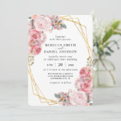 Roze & Goud Geometrische Elegante Boho Floral Wedd Kaart (Staand voorkant)