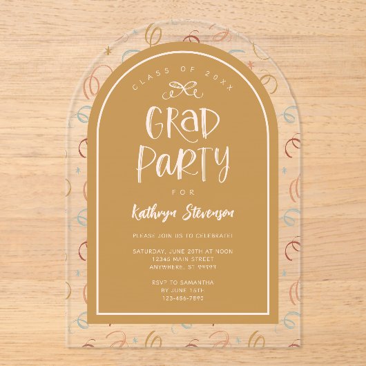 Roze Goud Girly Hand getrokken Confetti Afstudeerd Acryl Uitnodigingen (Voorkant)