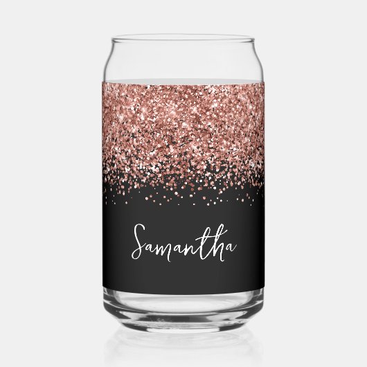 Roze Goud Glam Glitter op Zwart Blikvorm Glas (Voorkant)