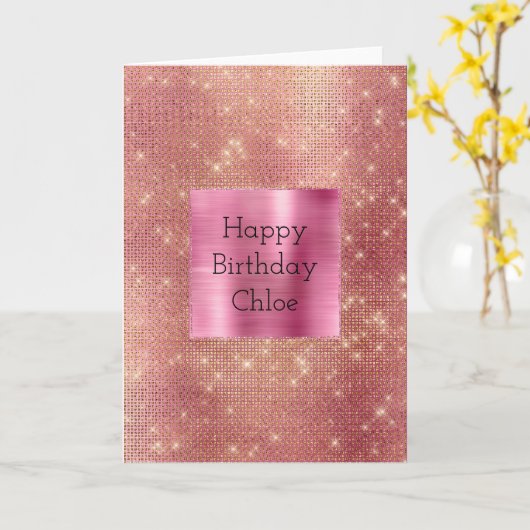 Roze Goud Glam Sparkle Kaart (Gele Bloem)