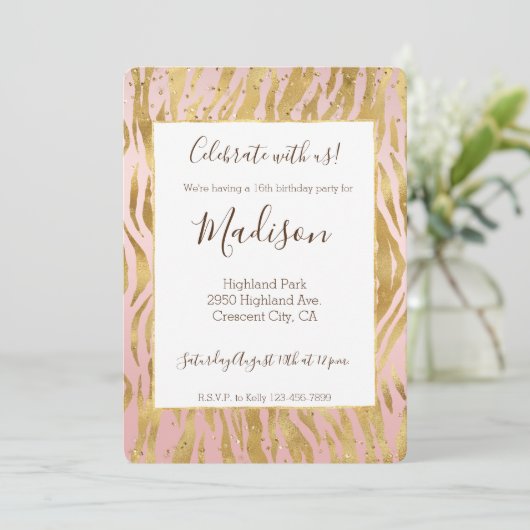 Roze Goud Glans Schitteren Zebraprint Kaart (Staand voorkant)