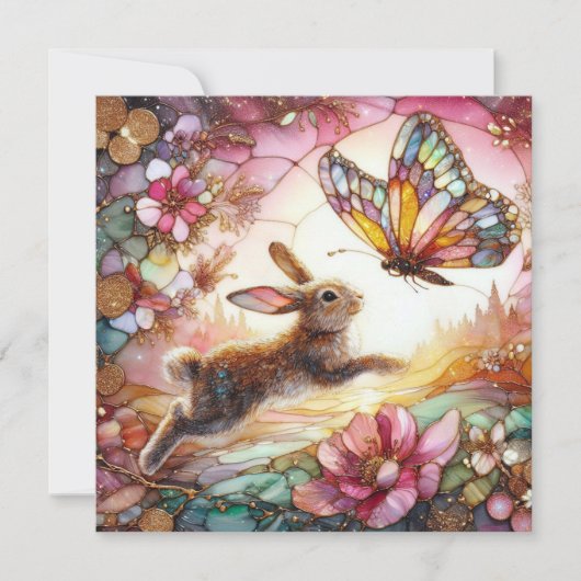 Roze Goud Glas in lood Konijnenvlinder Pasen Feestdagenkaart (Voorkant)