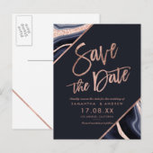Roze goud glinster agaat marineblauw save the date aankondigingskaart (Voorkant / Achterkant)