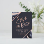 Roze goud glinster agaat marineblauw save the date aankondigingskaart (Staand voorkant)