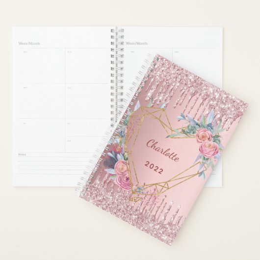 Roze goud glinsterende roze bloemige monogram 2023 planner (Display)
