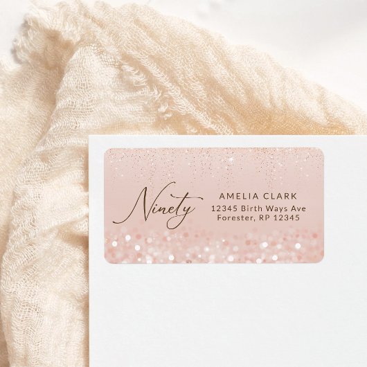 Roze Goud Glitter 90e Verjaardagsadres Etiket