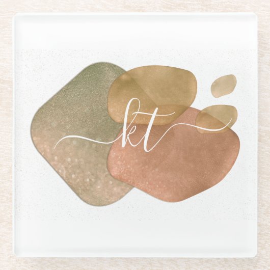 Roze Goud Glitter Abstracte Vormen Script Monogram Glazen Onderzetter (Voorkant)