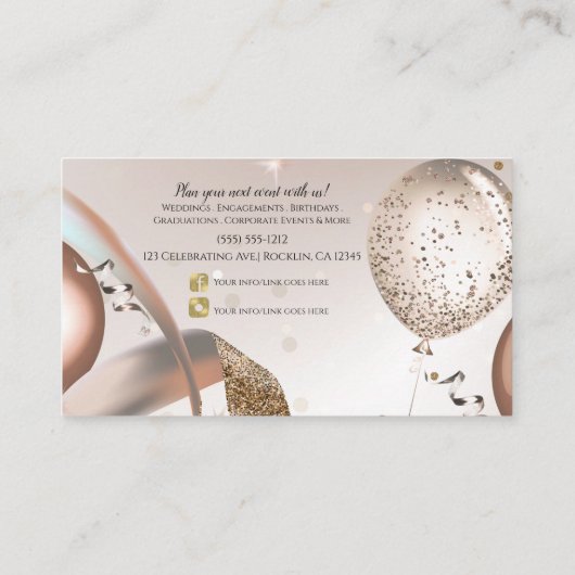 Roze Goud & Glitter Ballonnen Feest Social Media  Visitekaartje (Achterkant)
