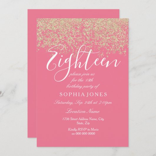 Roze Goud Glitter Confetti 18de verjaardagsfeestje Kaart (Voorkant / Achterkant)