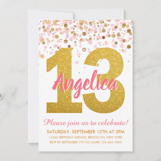Roze Goud Glitter Confetti Meisje 13e Verjaardag Kaart (Voorkant)