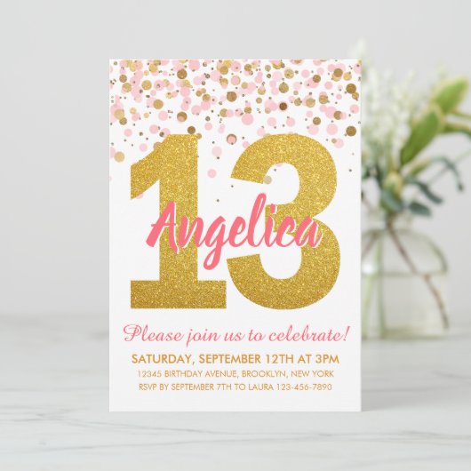 Roze Goud Glitter Confetti Meisje 13e Verjaardag Kaart (Staand voorkant)