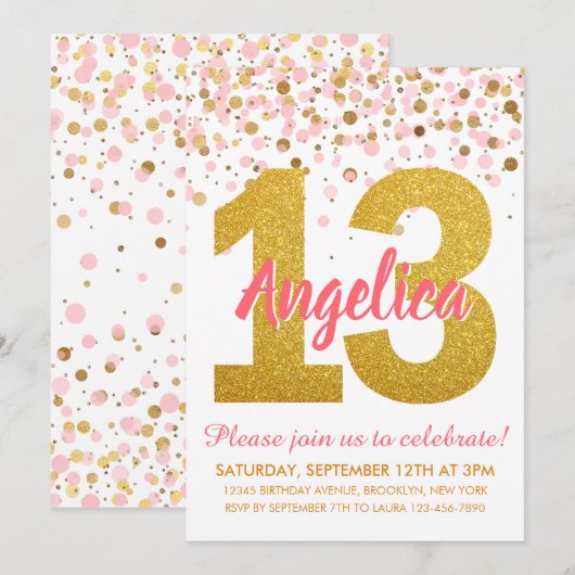 Roze Goud Glitter Confetti Meisje 13e Verjaardag Kaart (Voorkant / Achterkant)