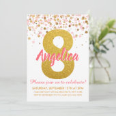 Roze Goud Glitter Confetti Meisje Achtste Verjaard Kaart (Staand voorkant)