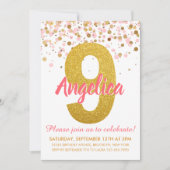 Roze Goud Glitter Confetti Meisje Negende Verjaard Kaart (Voorkant)