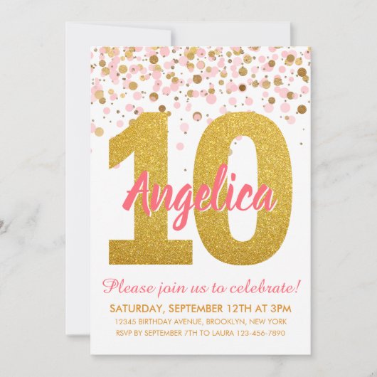 Roze Goud Glitter Confetti Meisje Tiende Verjaarda Kaart (Voorkant)