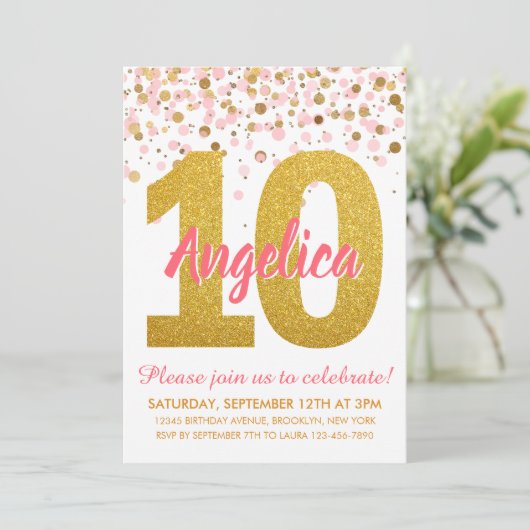 Roze Goud Glitter Confetti Meisje Tiende Verjaarda Kaart (Staand voorkant)